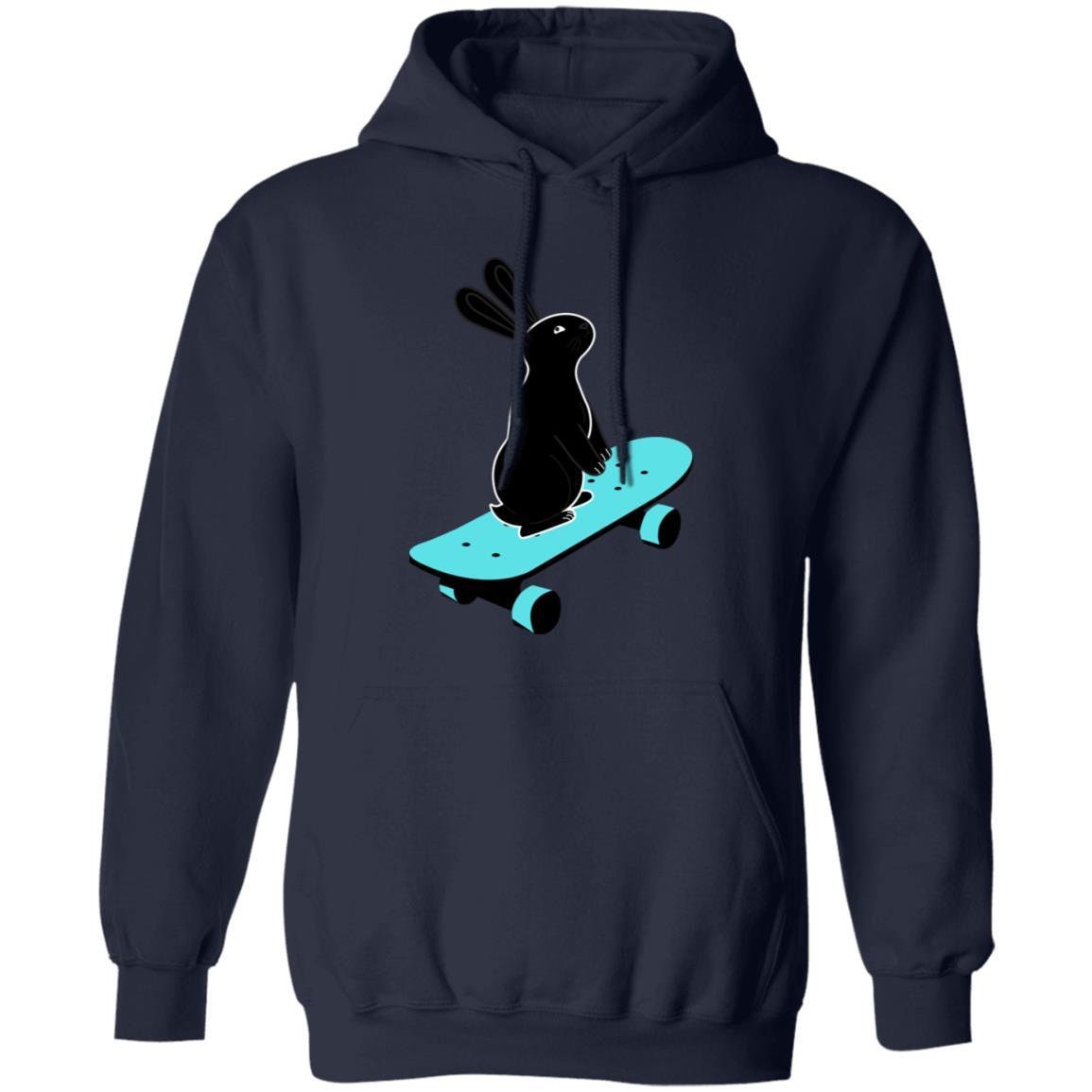 Unisex Pullover Hoodie w/ pouch pocket - Skateboard Bunny graphic print - Fun unique present for extreme sports enthusiasts & rabbit lovers
